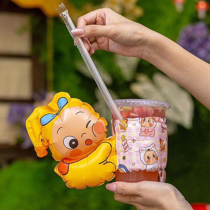 星星人造型杯套氣球-吸管插槽粉色格紋飲料杯套.JPG