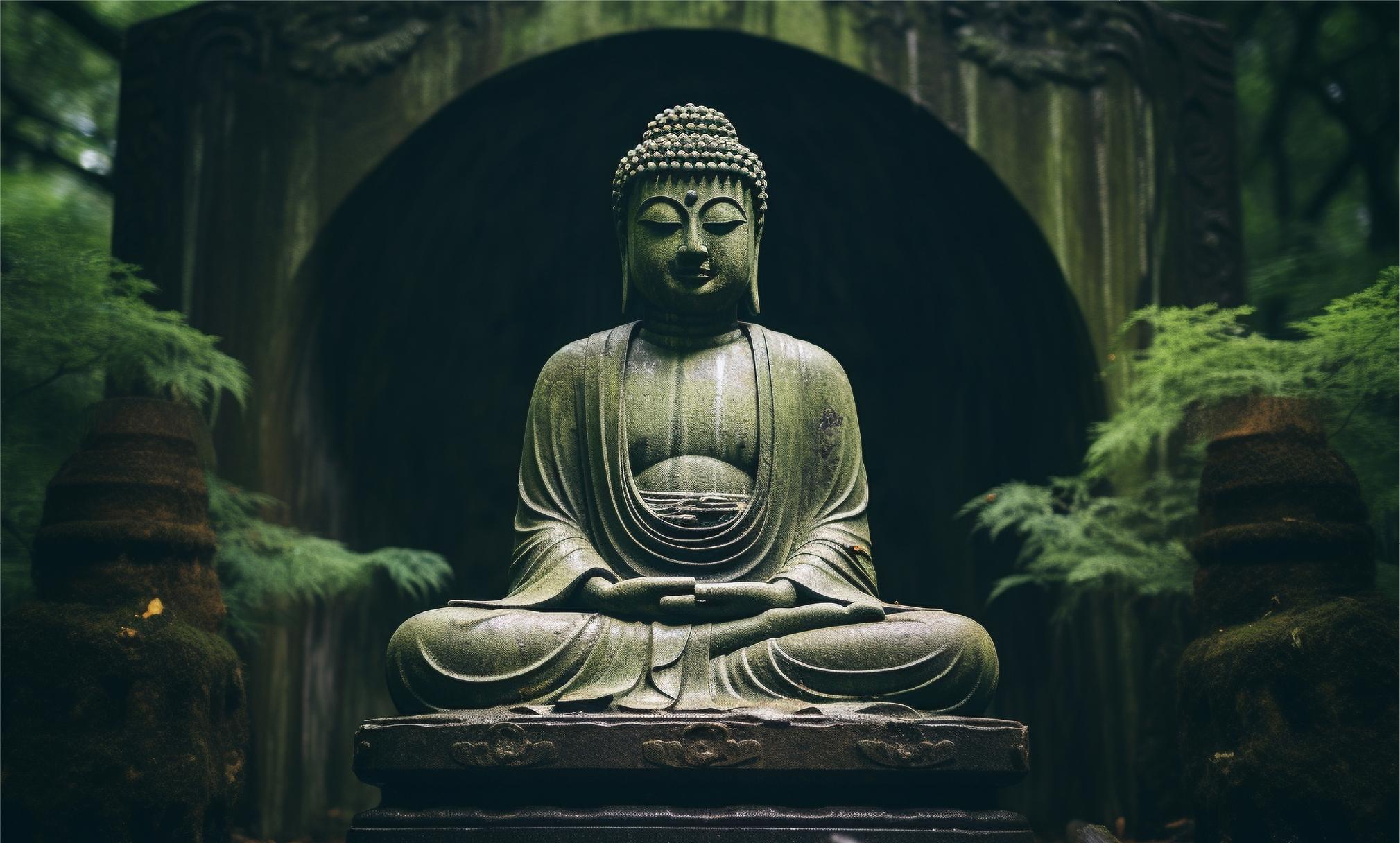 綠意石洞前的禪定石雕大佛像，隱喻佛教的往生淨土、超薦度亡與終極解脫