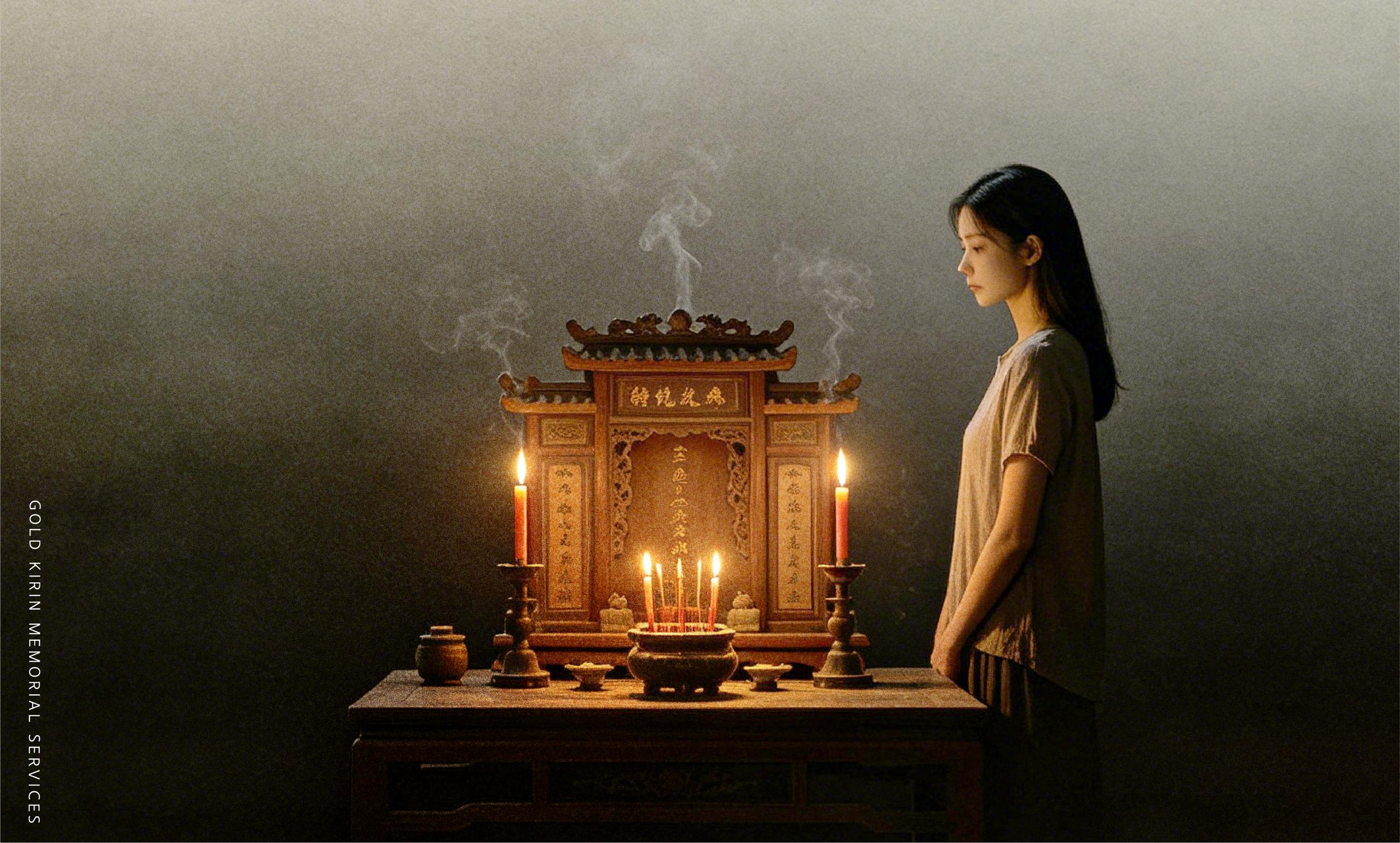 女子站在傳統祖先牌位旁，探討台灣女兒未婚過世不能進祖先牌位的姑娘仔習俗